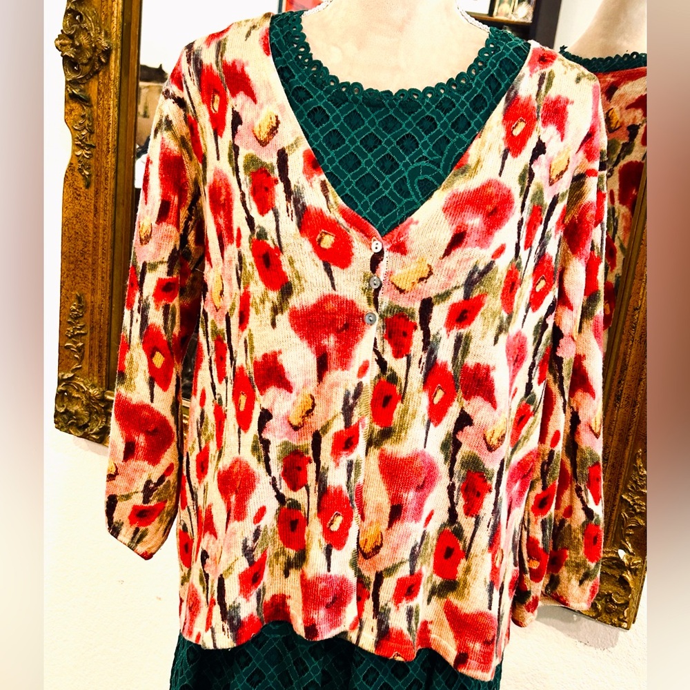 Garnet Hill Red, Pink & Green Floral V-Neck Cardigan